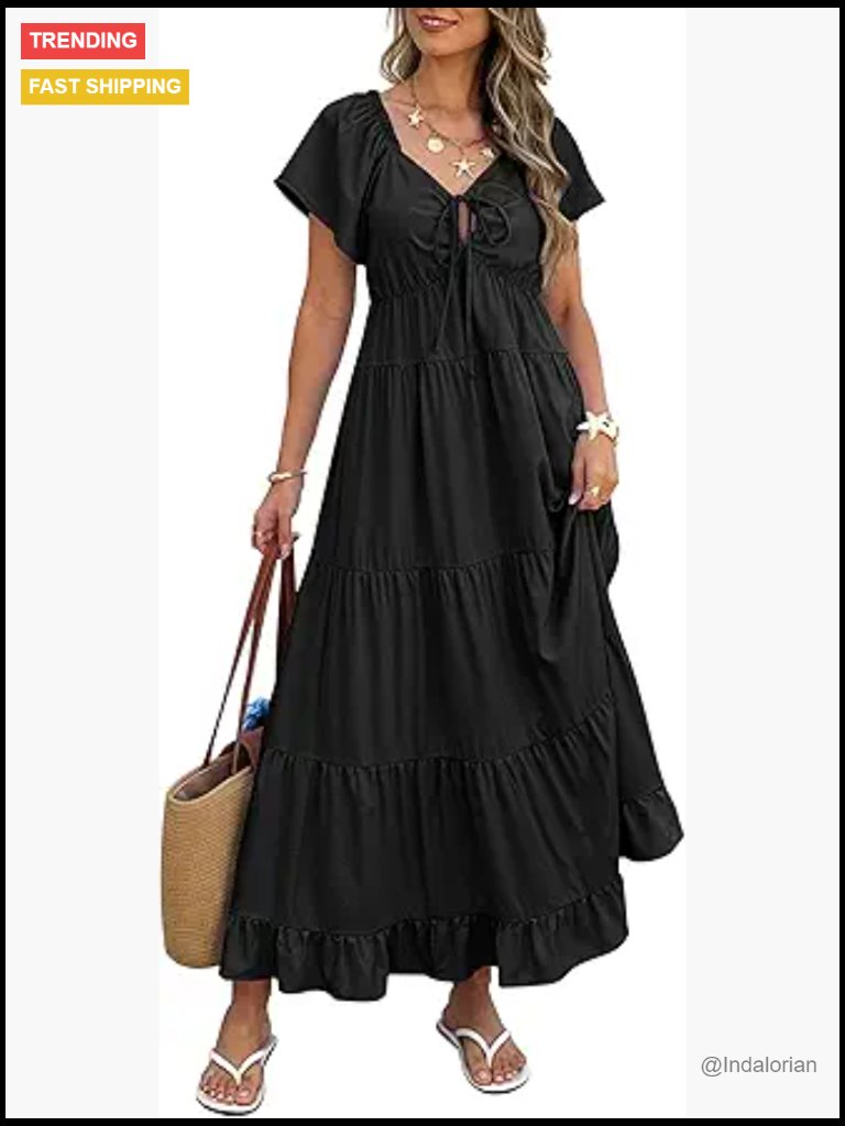 Flutter Short Sleeve V Neck Tie Front Maxi Dress Tiered Flowy With Pockets